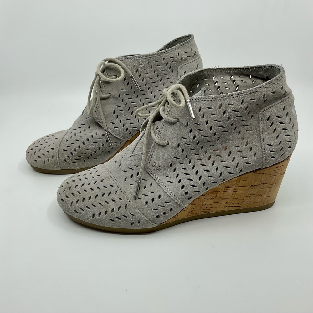 Toms Suede Laser Cut Cork Desert Wedge Ankle Boots
